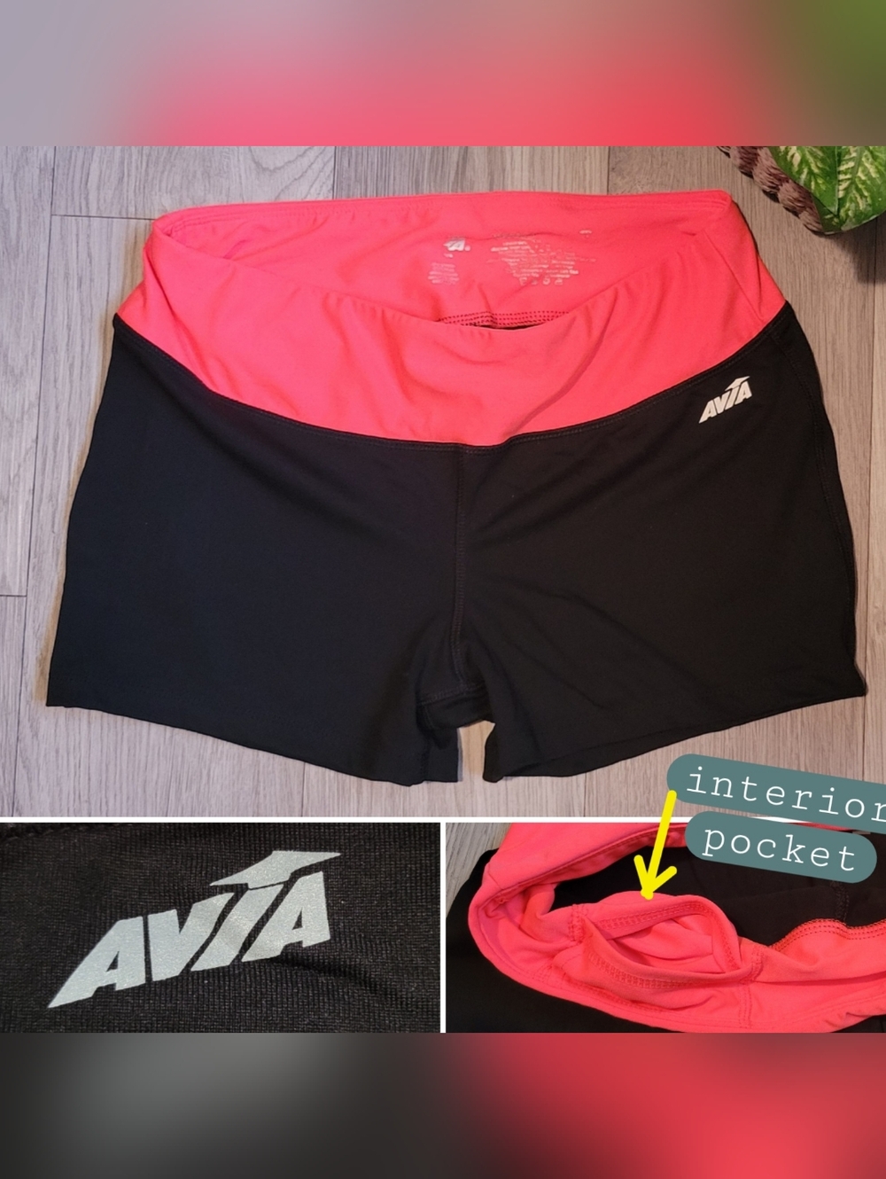 Avia Black & Pink Orange Athletic Running Shorts With Waistband Pocket, Medium